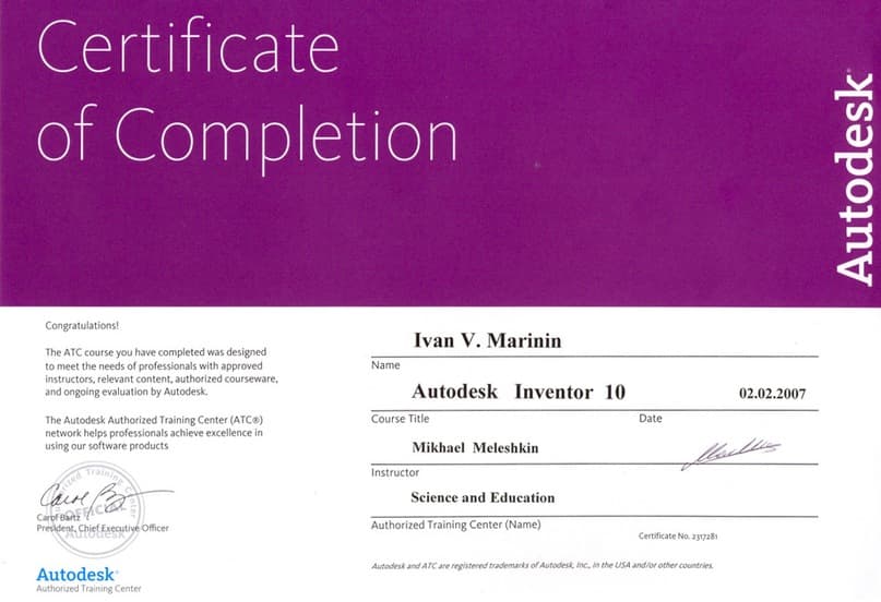 Certificate of Completion Autodesk Inventor Series 10